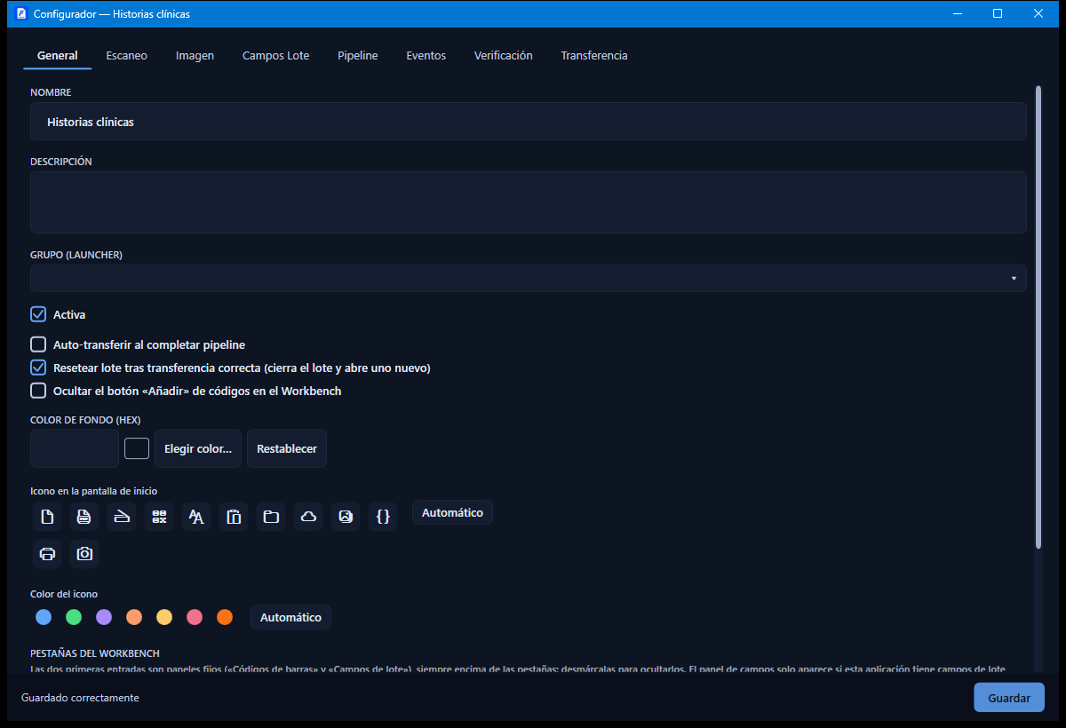Ventana Configurator con las pestañas de configuración de una App